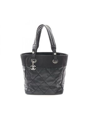 Chanel Tote Paris Biarritz PM Black Canvas Leather